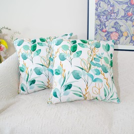 DILOXNSU Set of 2 Gold Green Eucalyptus Leaf Cushion Cover 45 x 45 Soft Velvet Double-Sided Modern Decor Square Pillow Cases for Sofa Bed Couch Outdoor Cushions Covers 18 x 18 Inch Home Decorations