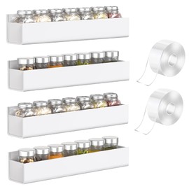 PMMASTO Adhesive Acrylic Spice Rack Organizer for Wall with Nano Double Sided Tape, Spice Shelf Organization for Kitchen Cabinet Door/Pantry Door, Wall Mount Seasoning Rack (White - 4 Pack)