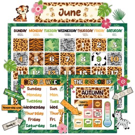 Safari Jungle Animals Calendar Bulletin Board Set for Classroom Decoration Wild Calendar Season Weather Chart Animal Simply CTP Paper-Cuts for Back to School Teacher Nursery Chalkboard Wall Door Decor