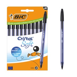Bic Cristal Soft Ballpoint Pens Medium Tip (1.2 mm) with Easy Glide Ink – Black, Box of 10
