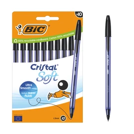 Bic Cristal Soft Ballpoint Pens Medium Tip (1.2 mm) with Easy Glide Ink – Black, Box of 10