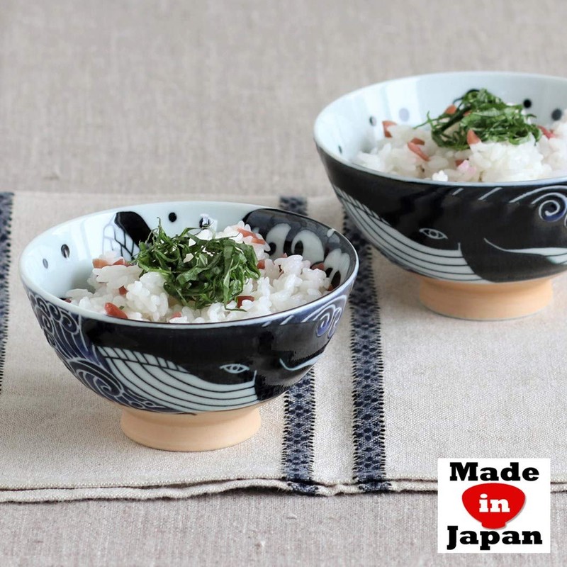 Minoru Touki White Wave Whale Blue Ceramic Rice Bowl Small