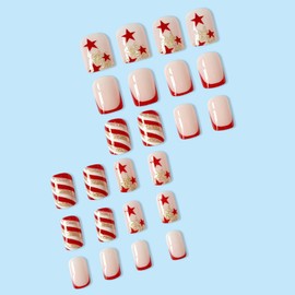 Christmas Press on Nails French Tip Fake Nails Short Square False Nails Red Acrylic Nails Star Glitter Stripe Artificial Nails Cute Stick on Nails Xmas Glossy Glue on Nails French Nails for Women
