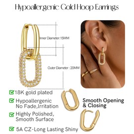 Staligue Gold Dangle Earrings for Women Trendy,14k Gold Filled Convertible Link Gold Huggie Hoop Earrings Lightweight Cubic Zirconia Paperclip Link Chain Earrings Gold Drop Earrings for Women