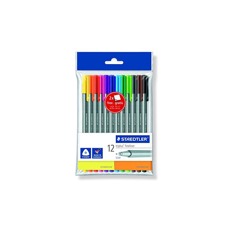 Staedtler Triplus Fineliner, 12 Stück, mit 2 Haftnotizen
