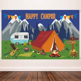 Camping Themed Party Banner Happy Camper Backdrop Campfire Forest Adventure Background Wall Hanging Decorations for Boys Kids Teenagers Outdoor Party Supplies