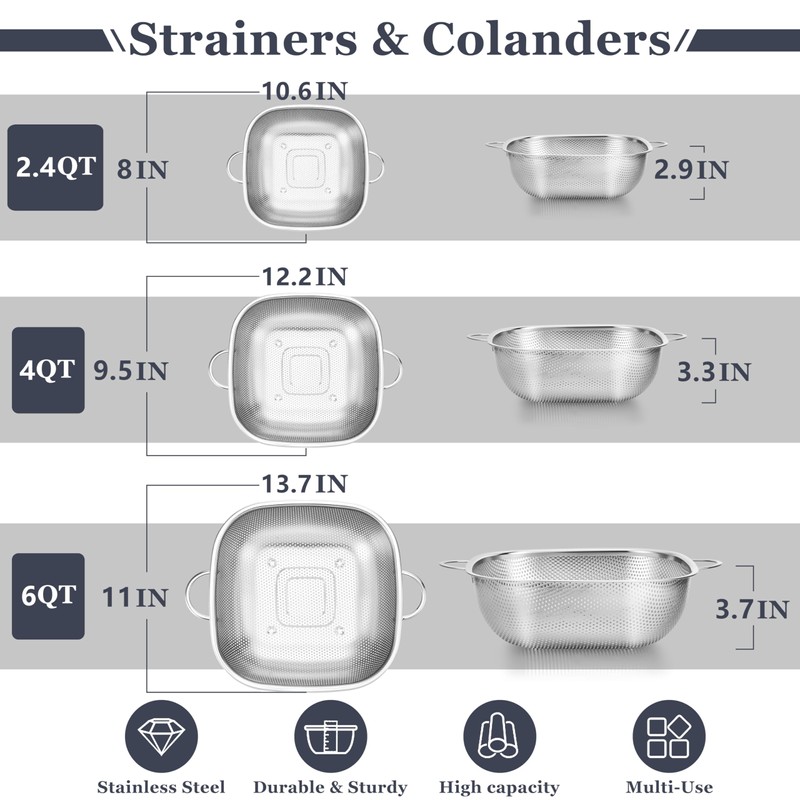 E-far 3 Pack Colander for Kitchen, Square Stainless Steel Metal
