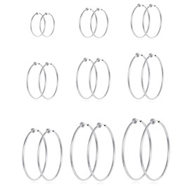 Tornito 9 Pairs Clip on Hoop Earrings Non Pierced Fake Spring Hoop Earrings for Women Men Silver Tone