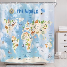 Riyidecor Kids World Map Shower Curtain for Bathroom Decor 72Wx72H Blue Funny Educational Cartoon Cute Animal Geography Continents Ocean Art Printed Fabric Polyester Waterproof 12 Pack Plastic Hooks