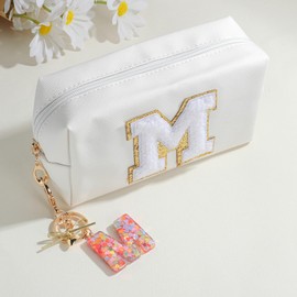 Atiyaer Letter M Charm Keychain with Initial Leather Waterproof Cosmetic Makeup Bag Keyholder for Women