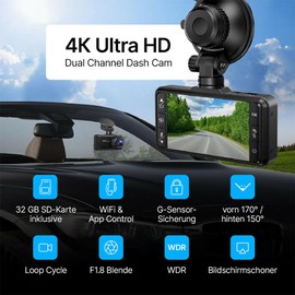 Oryzom 4K Dash Cam with 3.94 Inch Screen - 170° Wide Angle, Car Camera Front + Rear, Night Vision & Parking Mode (Black)