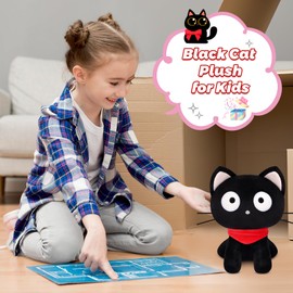 Slojkardon Black Cat Plush, 8In Cute Chocolate Cat Plushies, Kawaii Cat Stuffed Animal Toy with Red Scarf Design Plushies for Kids Girls Boys, Soft Stuffed Cat Doll for Birthday Gift