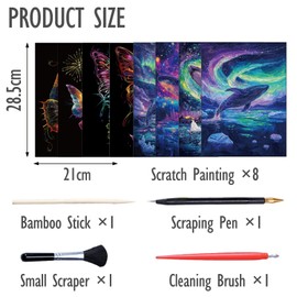 NICEIN Scratch Picture Set, 8 Pieces A4 Colour Scratch Paper Set, Creative Cat Pictures Adults, Scratch Pictures for Children with Animal Motif, Painting Set for Children, Crafts Children with a
