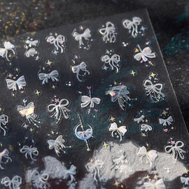 Bow Nail Sticker Decals Star Nail Art Stickers White Silk Bow Knot Nail Art Decals with Design 5D Embossed Self Adhesive Nails Charms for Women Girls Manicure DIY Decoration Supply