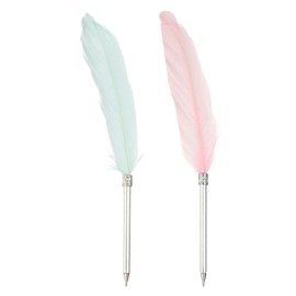 PATIKIL Wholesale 2pcs 1.0mm Feather Ballpoint Pen Black Ink Vintage Plated Rod Quill Writing Pen Office Wedding Guest Signature Style 2 Pink/Blue
