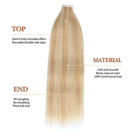 Lovrio 18" 20pcs 50g Tape in Human Hair Extensions Highlighted Hair Double Sided Dark Dirty Blonde Mixed with Platinum Ash Blonde P12/60