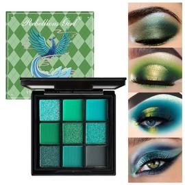 Punk Green Glitter Eye Shadow 9 Colors, Palette Shadow Pigments, Teal Cool Tone Palette, Green Eye Shadow Palette-05# Green Peacock