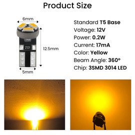 siweex T5 LED bulbs Yellow 74 73 37 2721 Car Dashboard Instrument Panel Gauge Cluster Indicator Lights with 3/8" 9mm T5 Twist Lock Socket Wedge Base, Pack of 10 Sets