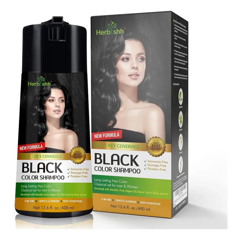 Shampoo Tinte Cubre Canas Negro Herbishh 400ml