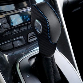 AICARS Leather Gear Shift Knob Cover Compatible with Ford Focus丨 Escape丨 Fusion丨 Fiesta丨 Transit 2012-2019 Black Carbon Fiber Pattern with Blue Stitches Shifter Knob Cover- Black