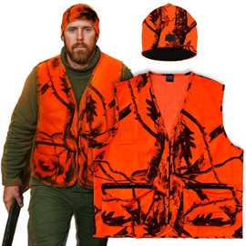 Klarny Outdoors Camo Orange Hunting Vest and Hat Combination X-Large, Premium High Performance Beanie and Hunting Vest
