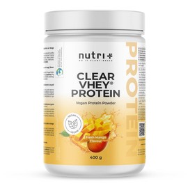 Nutri + Clear Vhey - Clear Vegan Protein Mango Maracuja - erfrischendes, veganes Eiweißpulver ohne Soja, Gluten, Laktose, Zucker - 400 g Proteinpulver