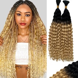 Belaved 1B613 Human Braiding Hair Water Wave Ombre Black Mix Bleach Blonde Boho Braids Bulk100g Deep Curly Hair Extensions Knotless No Weft 10A Brazilian Bohemian 2 Bundles 20Inch