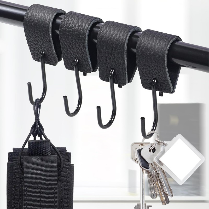 Alriedy Pack of 4 S Hooks Black with Leather Loop,