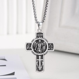 XIXLES Saint Michael Cross Necklace 925 Sterling Silver Large Archangel St. Michael Medal Pendant,Patron Saint Michael Amulet Jewelry for Men with Gifts Box, Large, Sterling Silver, No Gemstone