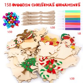 Zayvor 138 Christmas Craft Set Christmas Wooden Pendants Christmas Tree Decoration Hangers for Painting Christmas Tree Decoration Pen Marker Bells Twine Ropes