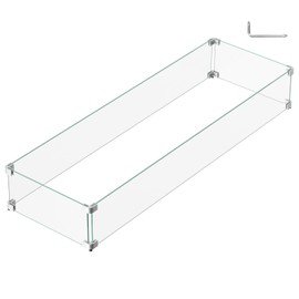 BriSunshine 41.5 x 13.5 x 6 Inch Glass Wind Guard for Propane Gas Fire Pit Table, Rectangular Thick Tempered Glass Shield, Firepit Glass Barrier with Aluminum Corner Bracket & Rubber Feet