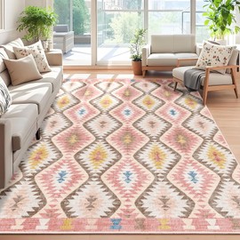 YesRug Washable Rug 5x7 for Bedroom, Pink Boho Moroccan Geometric Trellis Modern Rugs, Western and Aztec Tribal Neutral Girls Rug for Living Room, Dining Room,Kids Room,Non-Slip Backing Carpet