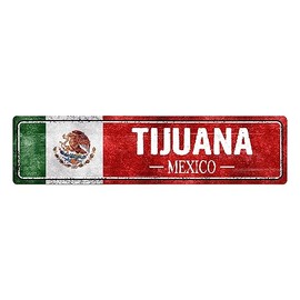Vintage Mexico Flag Sign, Tijuana - Mexico - Mexican Flag Street Signs, Novelty Wall Art Decorations for Home, Man Cave Bar Decor, Metal, Slim, 4x16In
