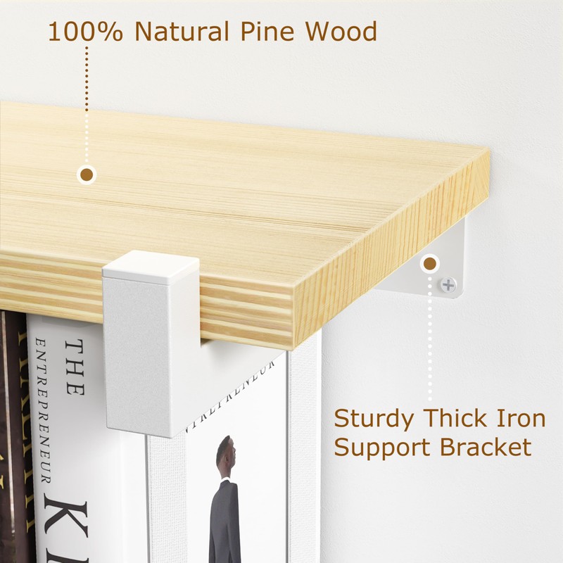 NANATI 2 Set of Floating Bookshelf with White Shelf Brackets,