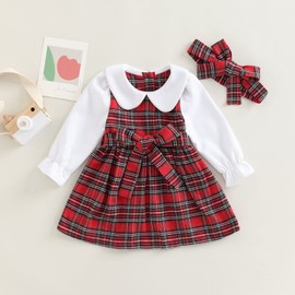 Toddler Baby Girl Christmas Outfit Flare Long Sleeve Plaid Peter Pan Collar Dress Headband 2Pcs Clothes Set (2-3T,Red)