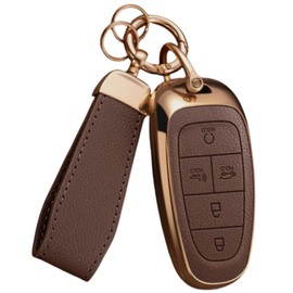 WiiLemz Key Fob Cover for Hyundai with Key Chain, Upper Leather + Soft TPU Car Key Case Shell for 2024 2023 2022 Hyundai Sonata Santa Fe Nexo Tucson (5 Buttons, BROWN)