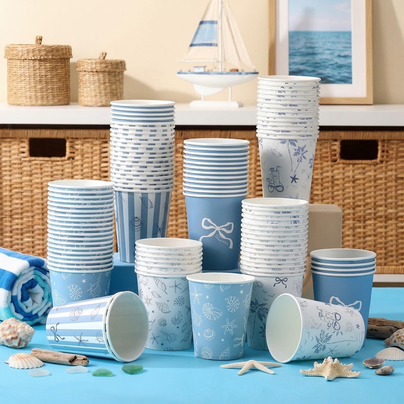100 Pcs 9 oz Blue Nautical Paper Cups, Starfish Seashell