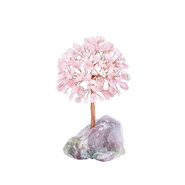 Jovivi Natural Rose Quartz Crystal Tree, Raw Healing Crystals Fluorite Base Gem Bonsai Money Tree for Home Office Table Decor Wealth and Luck