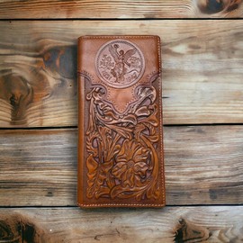 Urbalabs Mens Long Wallet Floral Cutout Layered Brown Leather Mexican 50 Peso Design Checkbook Style Cowboy Hand Crafted High End Mens Wallets Leather Gifts For Men, Brown, Western