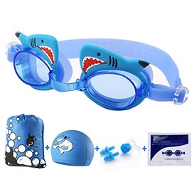 Pack of 5 Kids Swimming Goggles Cartoon Swim Cap Ear Plugs Anti Fog Swim Goggles with Drawstring Bag for Boys Girls 5-14 Years Old, Shark