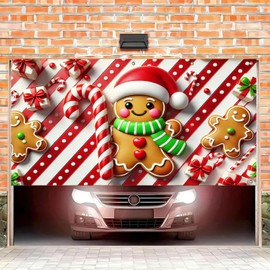 HOMETITUTE Christmas Garage Door Banner 13x6ft Gingerbread Man Candy Cane Theme Backdrop Banners for Outside Inside Winter Door Cover Garage Wall Covering for Party Garage Decorations