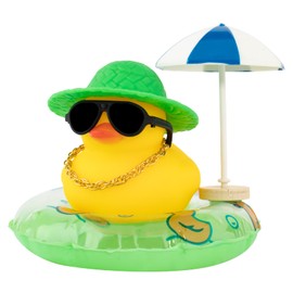 wonuu Rubber Duck Car Ornaments Duck Car Dashboard Decorations for Cute Car Accessories with Straw Hat Necklace Sun Umbrella and Sunglasses, Green