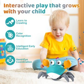 Juguete de cangrejo gateante, juguete de cangrejo con música interactiva y luz LED, juguete de desarrollo de aprendizaje Tiktok con movimiento automático para evitar obstáculos, con USB recargable