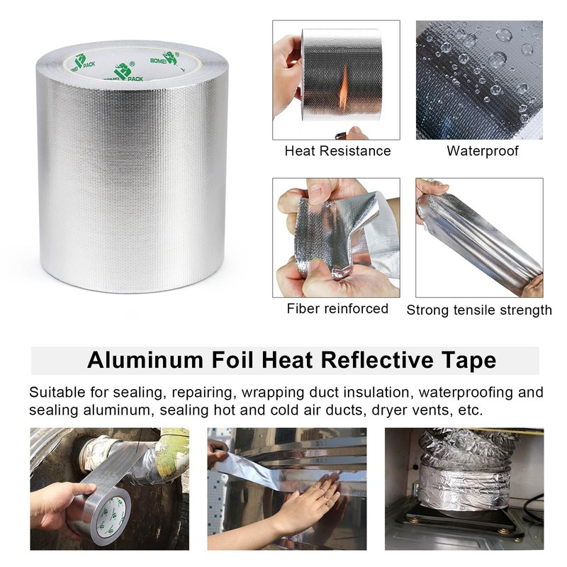 BOMEI PACK Adhesive Aluminum Foil Heat Shield Tape Barrier, Fiberglass