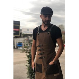 MONAPRON Heavy Duty Apron Extra Pocket Design for Women Barista Apron bbq Apron Crossback Apron Adjustable Faux Leather Straps 02B Miro Brown apron