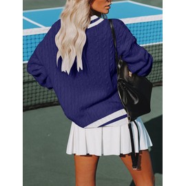 Aoudery Womens V Neck Oversized Sweaters Long Sleeve Cable Knit Pullover Striped Chunky Sweater Casual Tennis Tunic Tops - Navy Blue 3XL