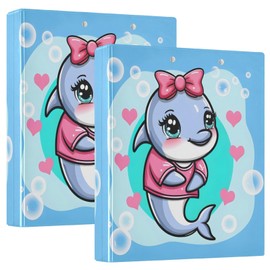 3 Ring Binder Cute Cartoon Dolphin Girl Wearing Pink Shirt and Bow, 1.5 Inch Round Ring Binder 200 Sheets View-Binders A4 Paper Binder Organizer for Home School Office, 2 Pack