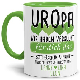 Tassendruck Geschenk Tasse mit Spruch PERSONALISIERT - Bestes Geschenk für Uropa von mehr Urenkeln - Kaffee-Tasse/Geschenkidee Geburtstag Vatertag/Vatertagsgeschenk - Innen & Henkel Hellgrün