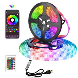 Tira LED RGB Inteligente 2M, USB, Bluetooth, Sincronización con Música, Control por App, Control Remoto IR de 24 Teclas, para Cuarto, TV, Decoración de Interior