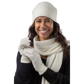 Fishers Finery Women's 3pc Cashmere Ribbed Hat Glove Scarf Set | Gift Box (Cream)